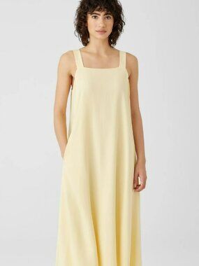 Eileen Fisher Silk Dress XL Yellow Georgette Crepe Square Neck NWT